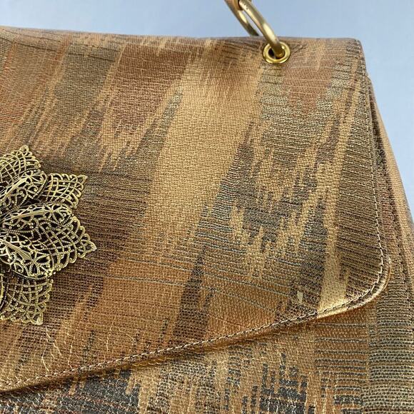 VTG 50s INGE Flap Satchel Bag Gold Chevron Leather Old Money Filigree Flower NWT - Picture 7 of 9